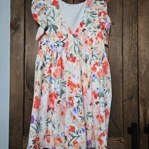 Floral V-Neck Girls' Dress - Coral & Pastel Floral